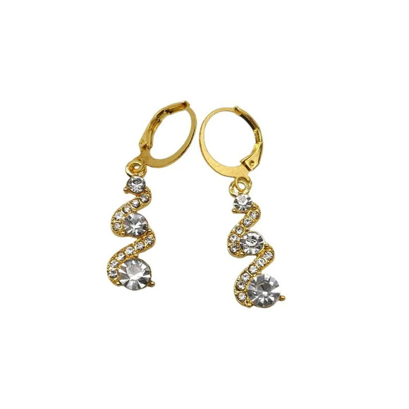 Rhinestone Crystal Zig Zag Dangle Drop Hoop Earrings Gold Tone Vintage - Picture 1 of 4